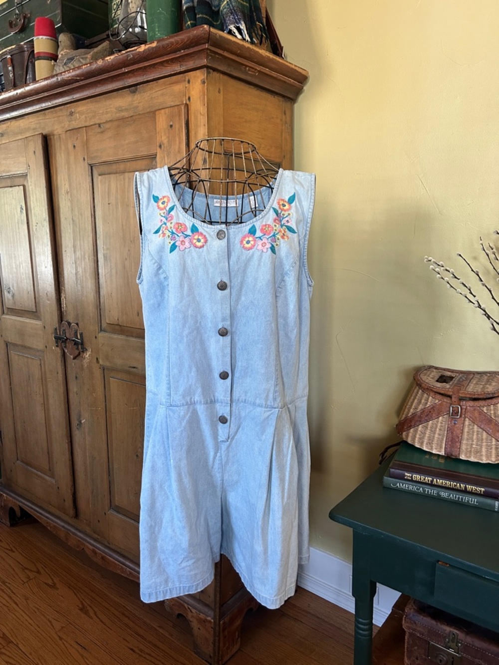 VINTAGE Floral Embroidered Light Blue Denim Romper